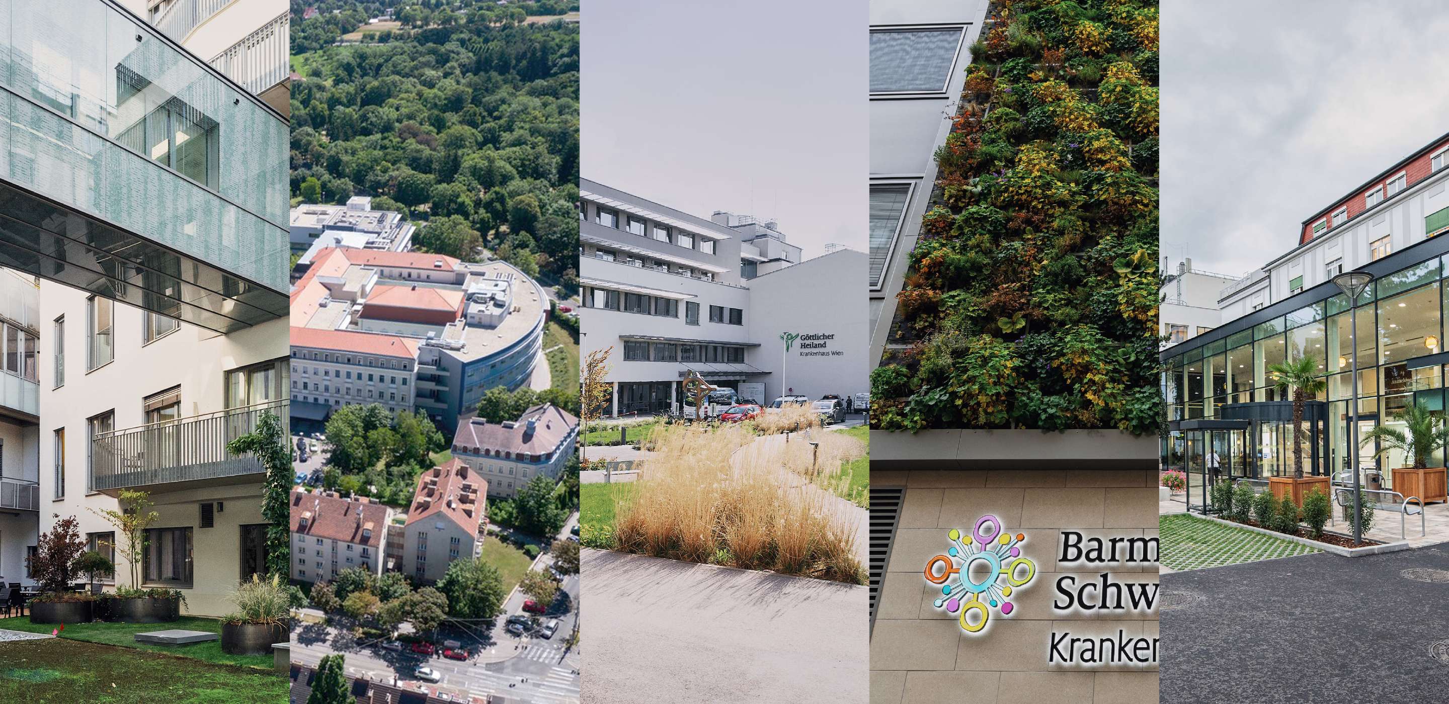 Eine Collage mit Außenaufnahmen der fünf Krankenhäuser der Vinzenz Kliniken Wien