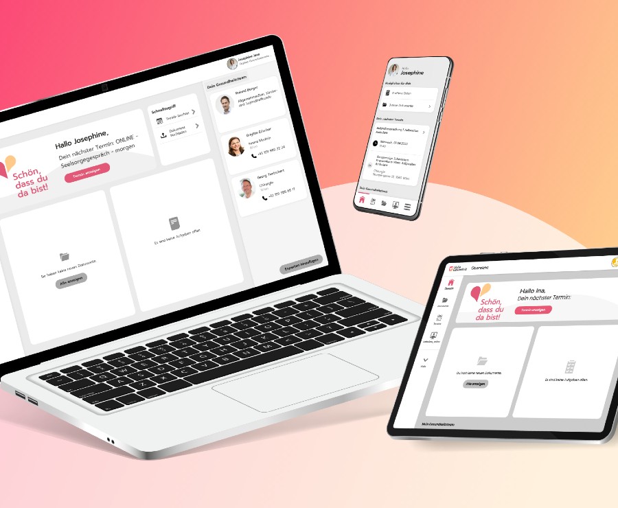 Eine grafische Darstellung der App Hallo Gesundheit und die Darstellung der App auf Laptop und Mobilgeräten