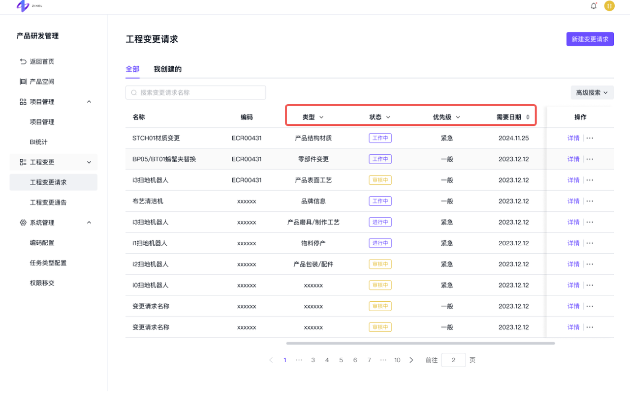 变更请求列表-字段筛选