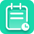 Icon of a white clipboard with two horizontal lines and a clock in the corner, on a turquoise background.