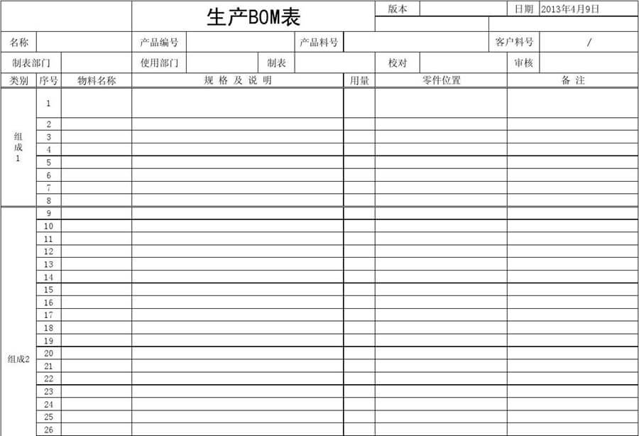 生产BOM表单