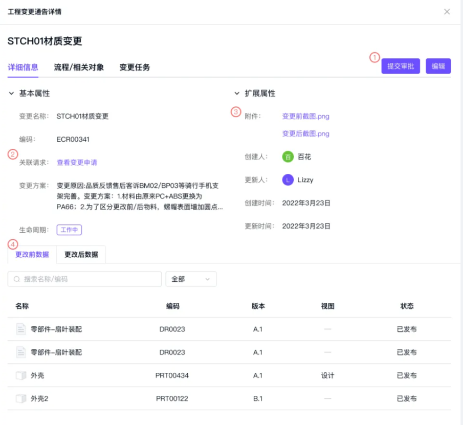 变更请求详情-流程/相关对象TAB-查看关联的变更通告