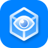Icon of an eye inside a hexagonal cube on a blue background, symbolizing vision or observation.