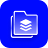 Blue folder icon with a stack of white layers inside, set against a gradient blue background.