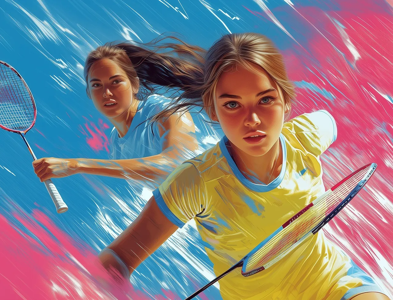 Zwei Frauen spielen Badminton, eine in Gelb und die andere in Blau, vor einem dynamischen, farbenfrohen Hintergrund.