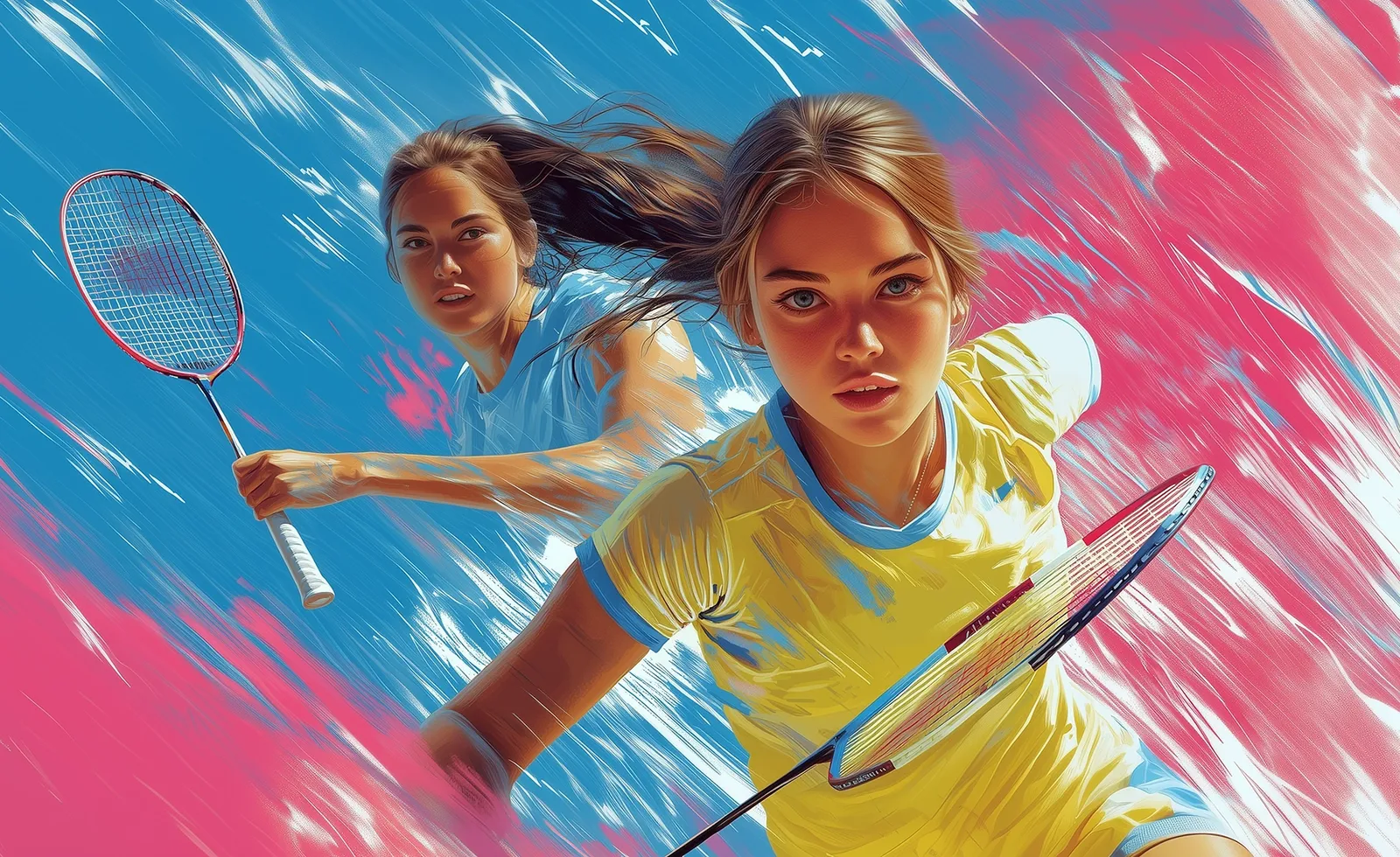 Zwei Frauen spielen Badminton, eine in Gelb und die andere in Blau, vor einem dynamischen, farbenfrohen Hintergrund.