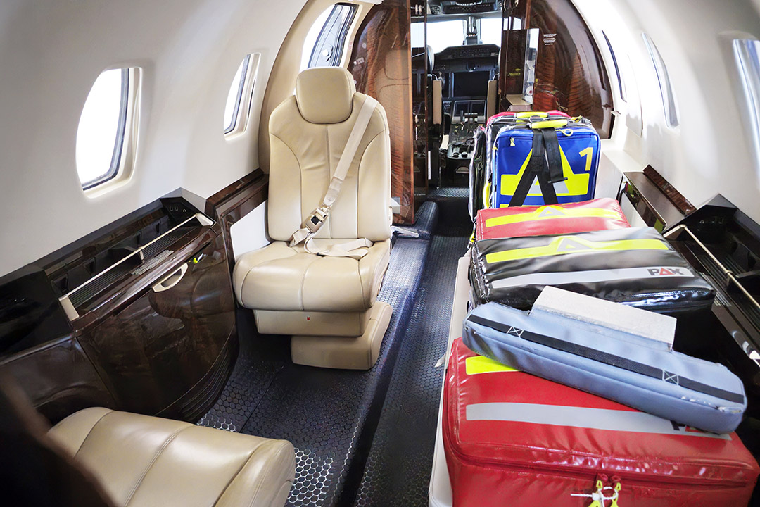 An air ambulance flight from inside