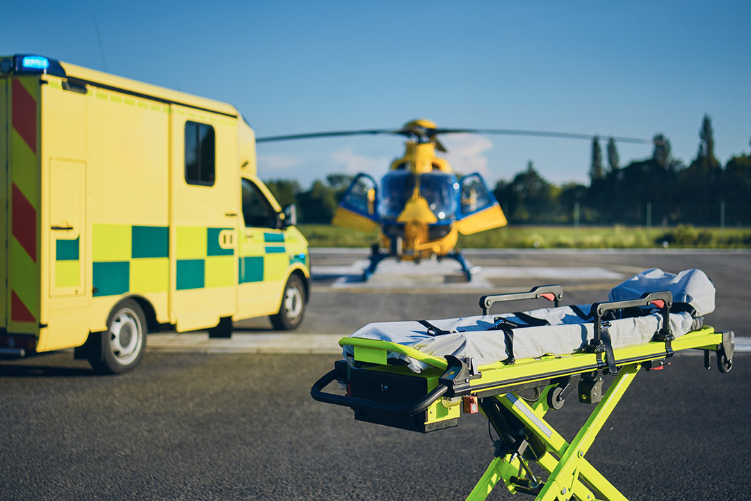 A medical helicopter and a ground ambulance