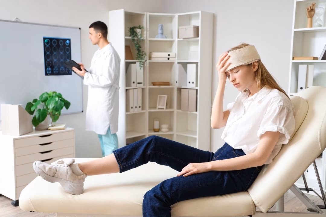 A woman holding her head in discomfort, indicating a concussion