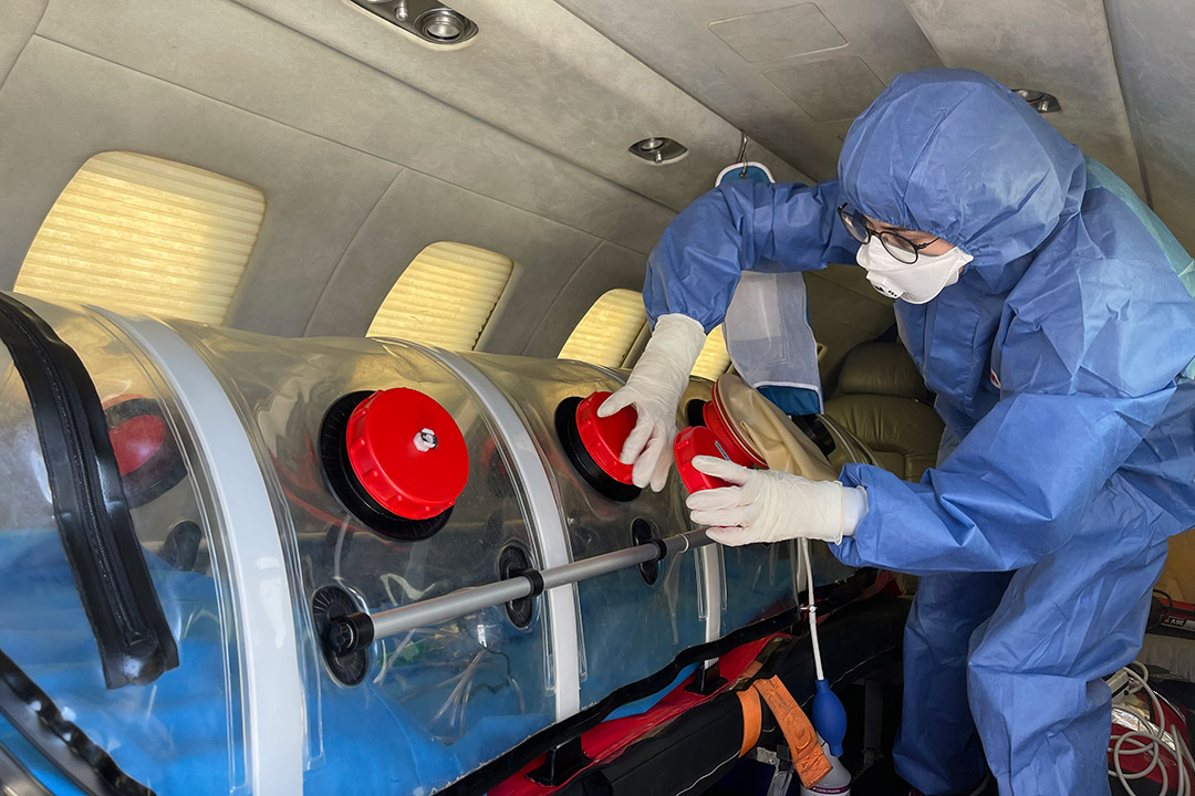 An isolation pod inside an air ambulance