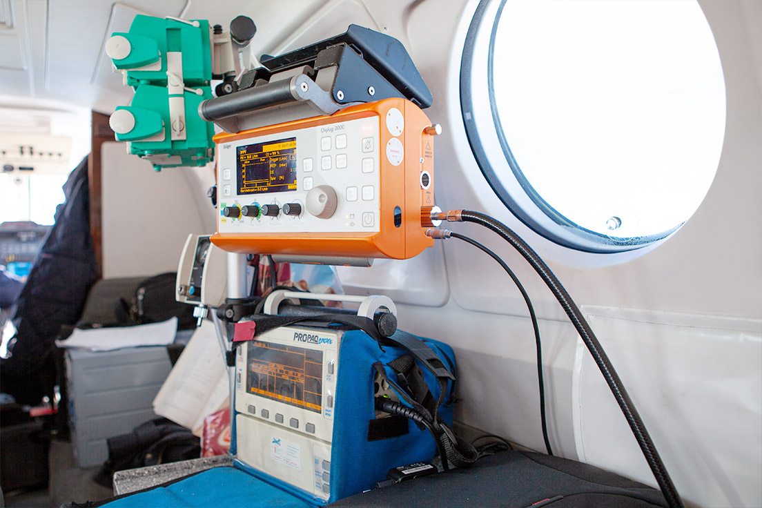 Medical equipment inside an air ambulance