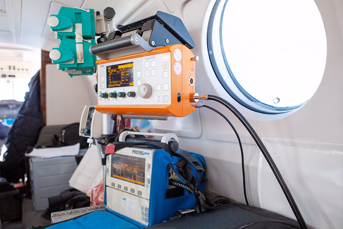 Medical equipment inside an air ambulance