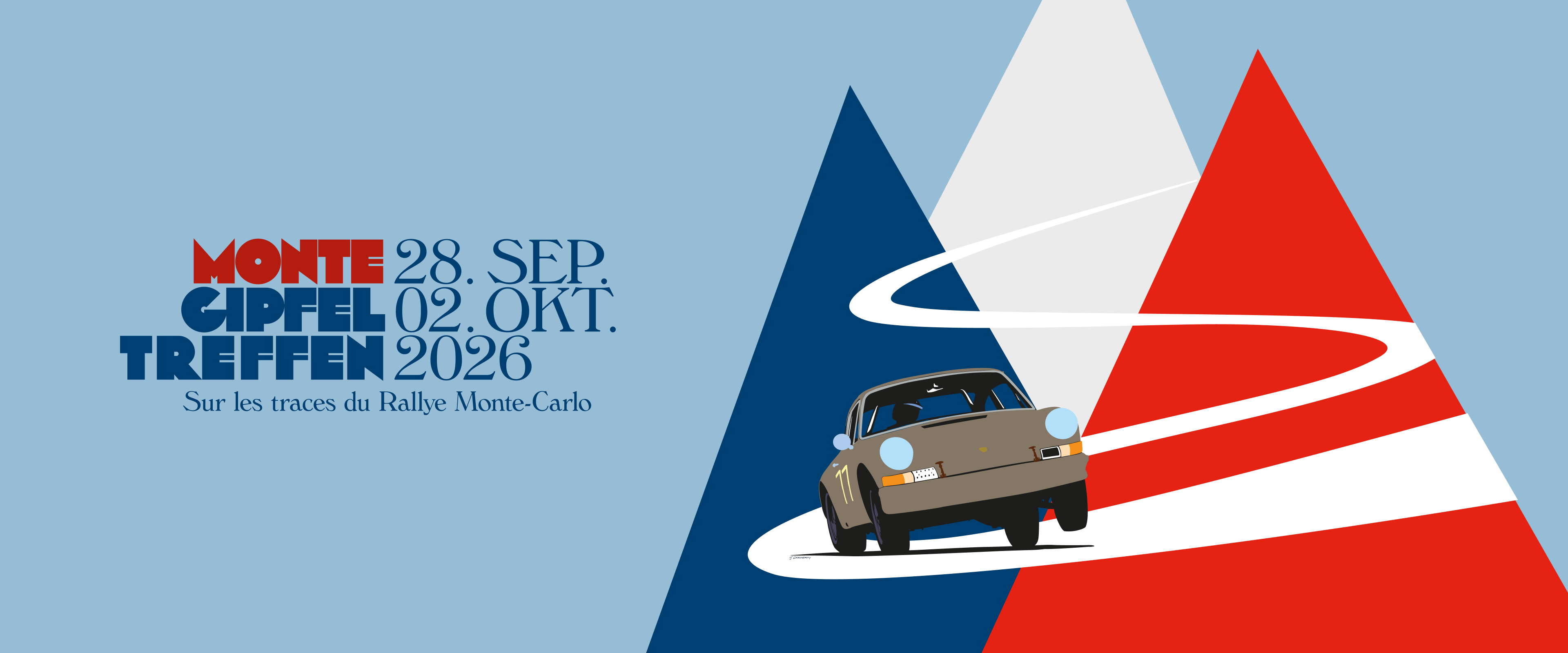 Grafische Darstellung eines Porsche, der Serpentinen herunterfährt. Dreiecke im Hintergrund symbolisieren die Berge. Aufschrift: "Monte Gipfel Treffen; 28. Sep, 02. Okt. 2026; Sur les traces du Rallye Monte-Carlo".