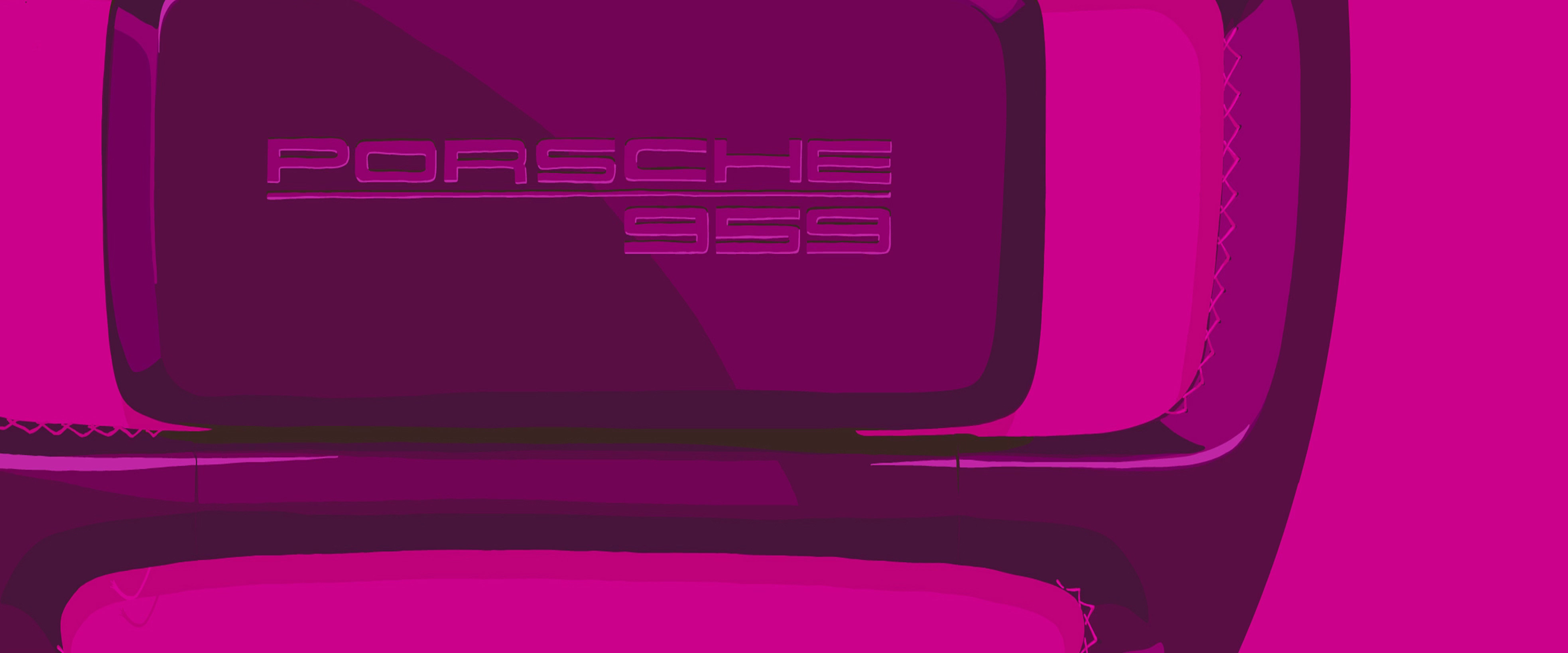Pinkfarbene Grafik eines Lenkrads mit der Aufschrift Porsche 959.