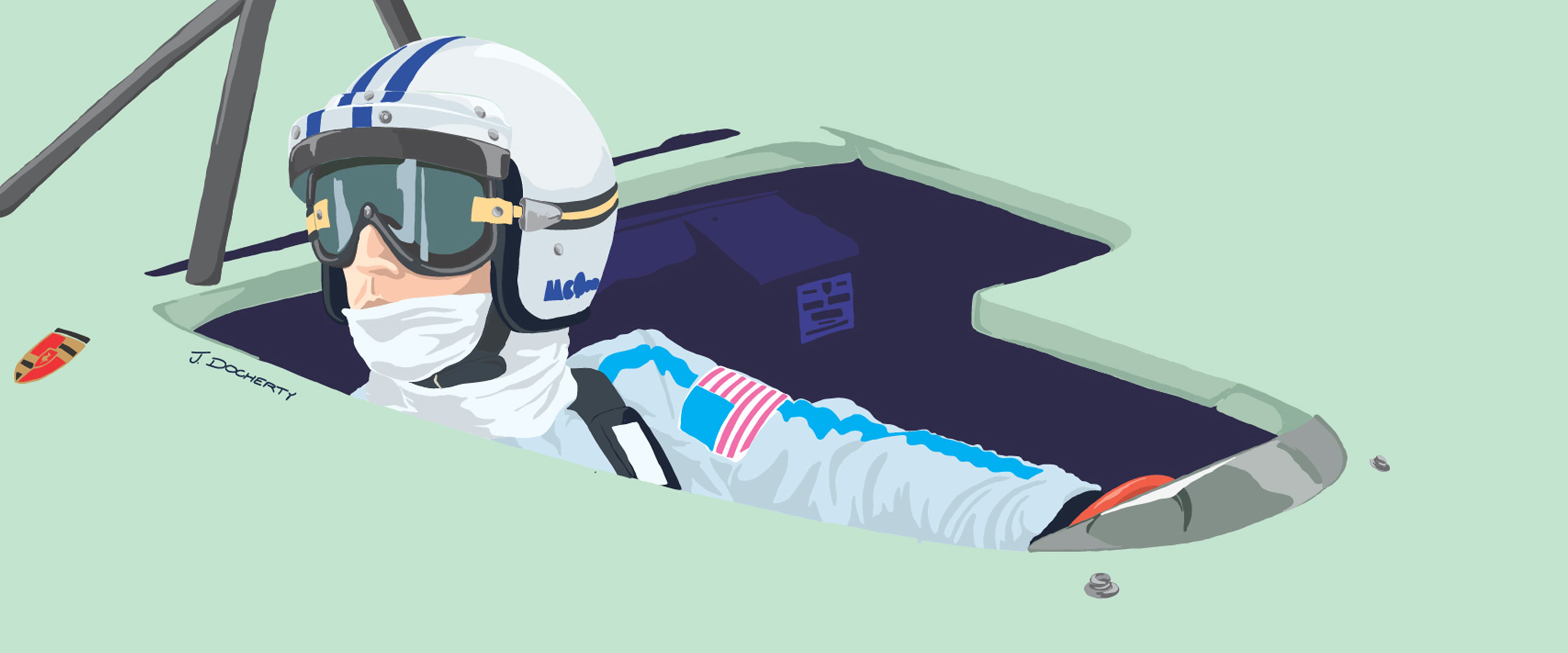 Gemälde zeigt einen stilisierten Porsche Fahrer im Cockpit.