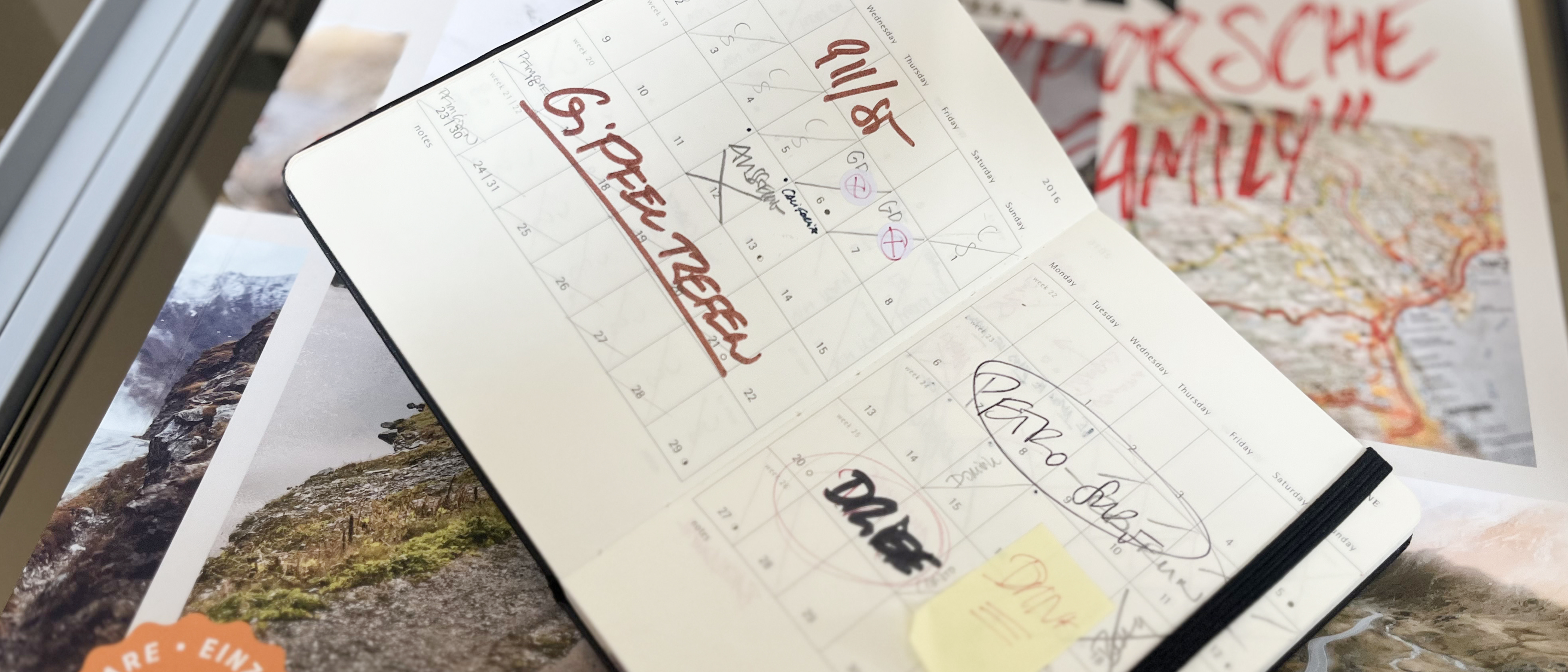 Ein aufgeschlagenes Notizbuch vor einer Landkarte und Fotos. Im Notizbuch steht "Gipfeltreffen"