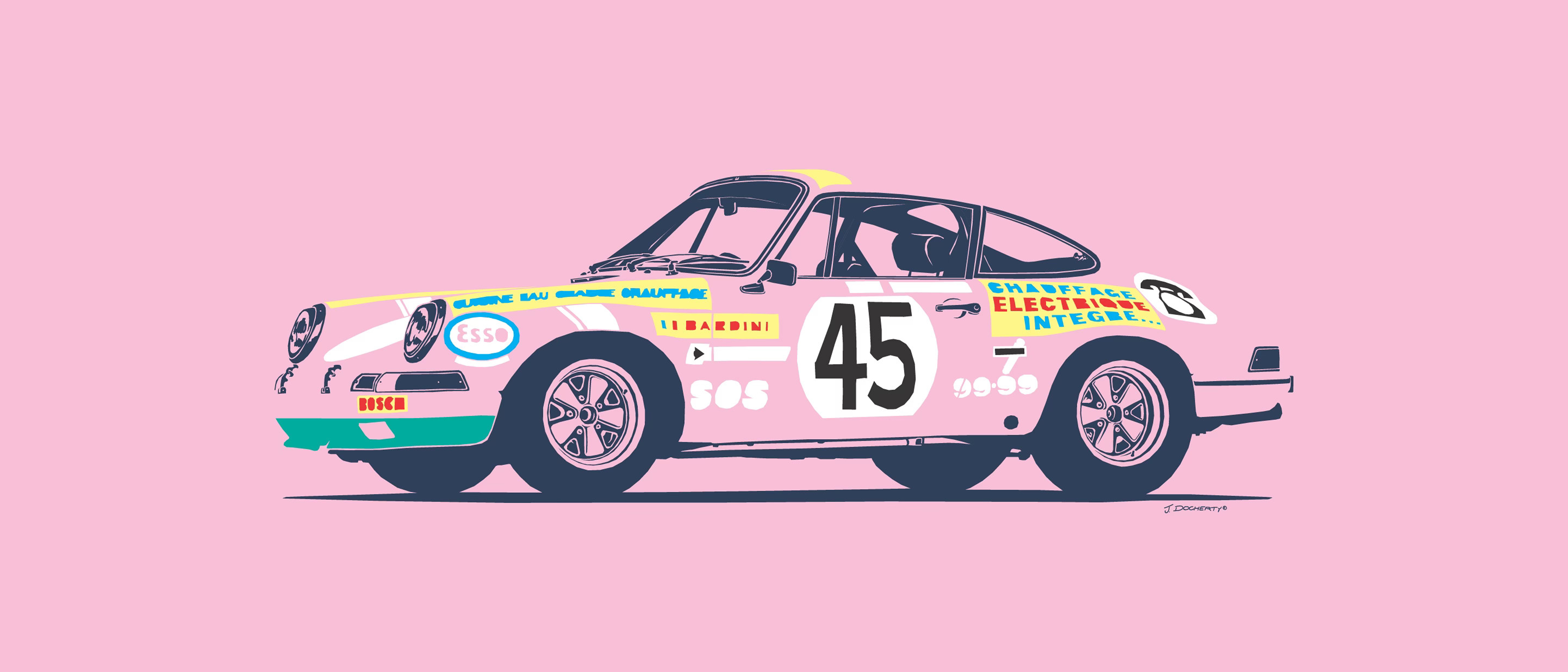 Gemälde eines klassischen Porsche 911 Rennwagens vor pinkem Hintergrund.