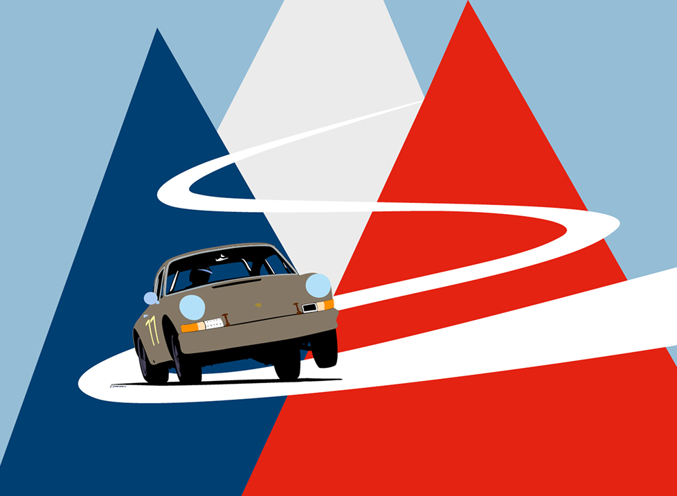 Grafische Darstellung eines Porsche, der Serpentinen herunterfährt. Dreiecke im Hintergrund symbolisieren die Berge.