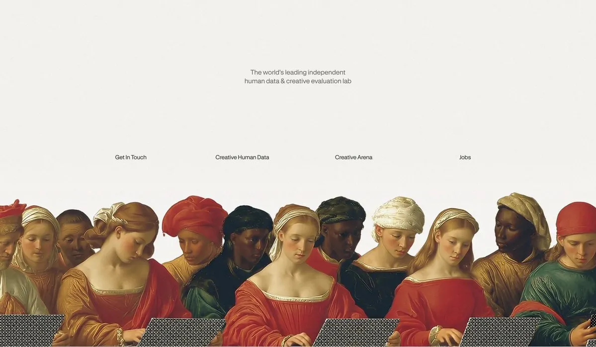 Classical figures from Renaissance art are seated in a row, each using a laptop, with text above listing creative-related services.