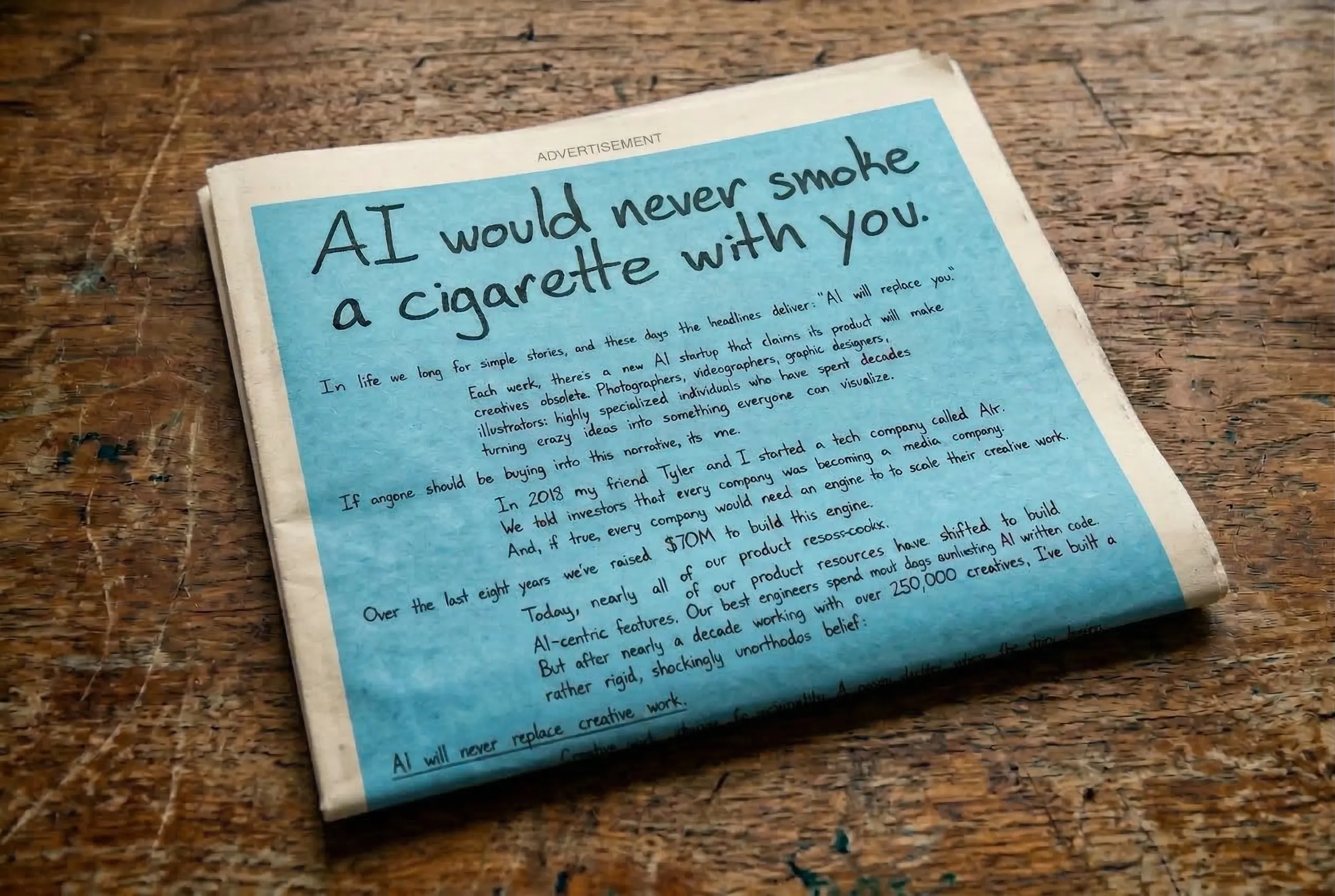 AI would never smoke a cigarette with you.