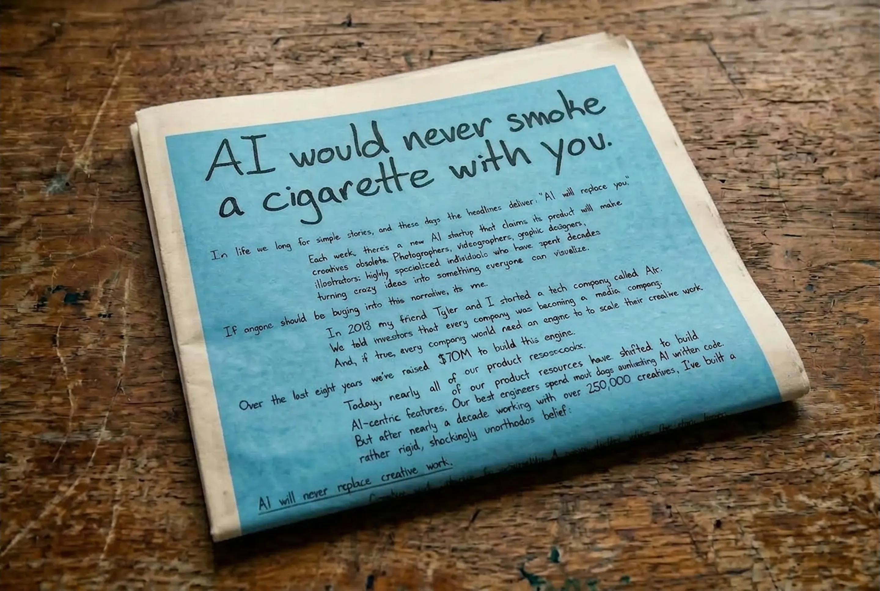 AI would never smoke a cigarette with you.