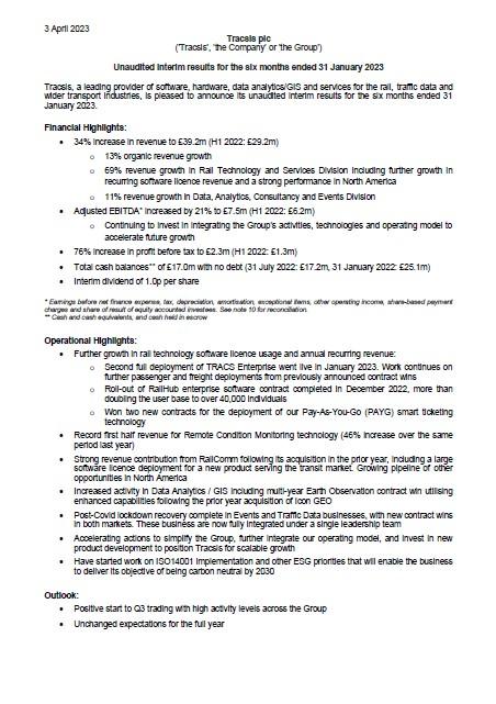 Interim results for the six months ended 31 January 2023