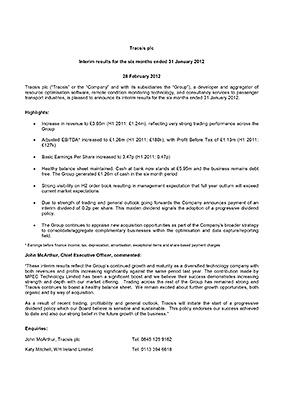 Interim results for the six months ended 31 January 2012