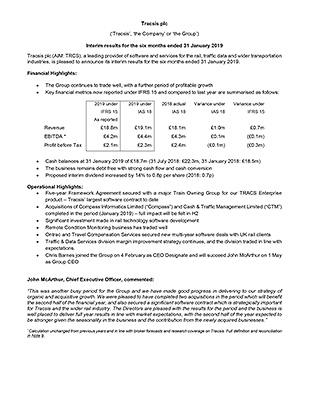 Interim results for the six months ended 31 January 2019