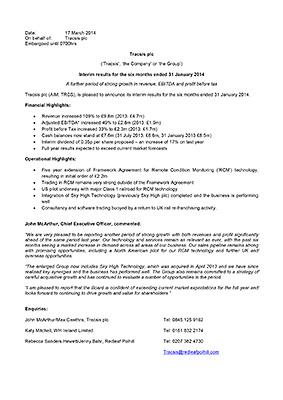 Interim results for the six months ended 31 January 2014