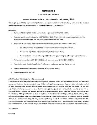 Interim results for the six months ended 31 January 2010