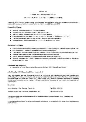 Interim results for the six months ended 31 January 2018