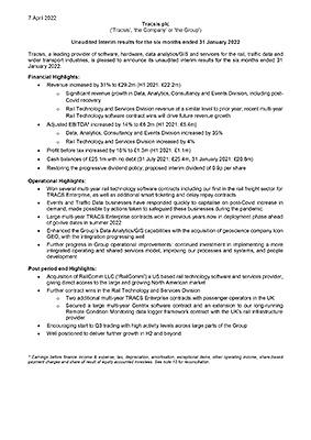 Interim results for the six months ended 31 January 2022