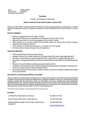 Interim results for the six months ended 31 January 2016
