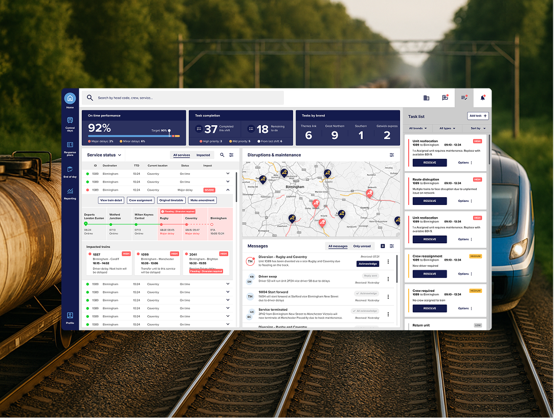 A digital dashboard interface displaying train service status, disruptions on a map, and message alerts, overlaid on a railway track background.