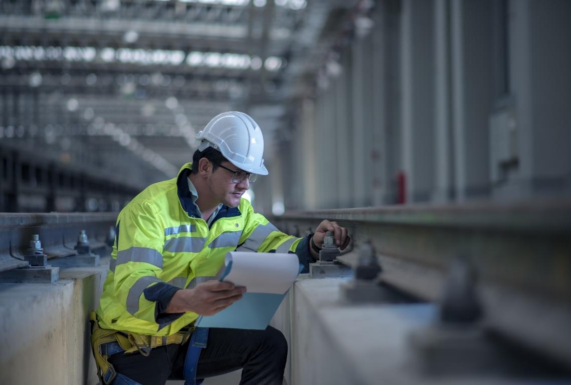 Engineer in a high-visibility jacket and hard hat inspects rail tracks in an industrial setting, holding a clipboard and making notes.