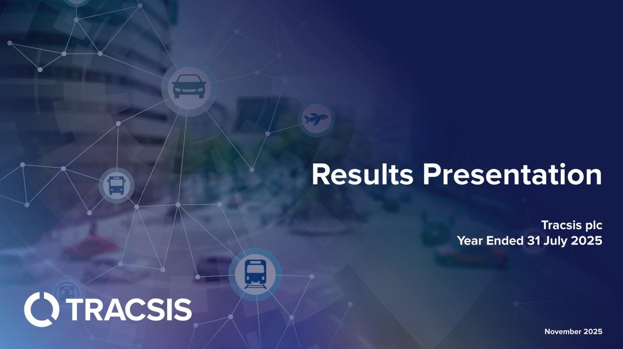 Cover slide of a results presentation for Tracsis plc, featuring transport icons and text: "Year Ended 31 July 2025," November 2025.