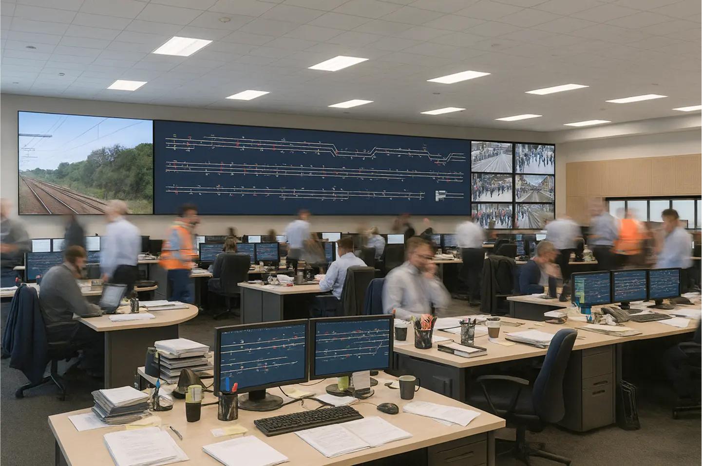 A busy control room with multiple people at desks, monitors showing rail networks, and large wall screens displaying detailed transit maps.