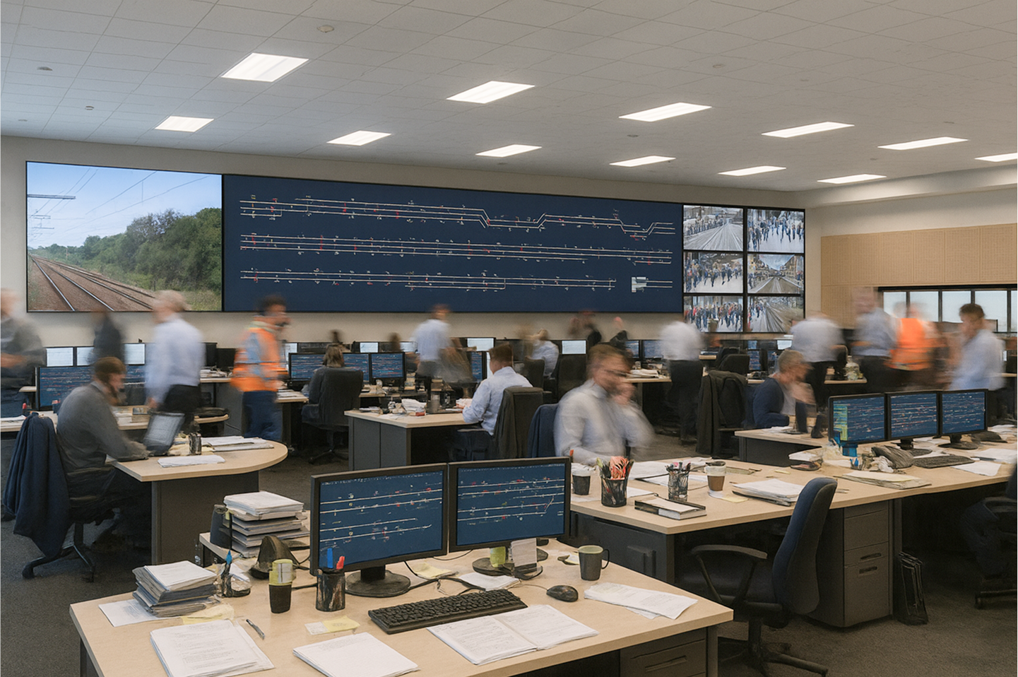A busy control room with multiple monitors, staff in uniforms, and large screens displaying railway tracks and surveillance footage.