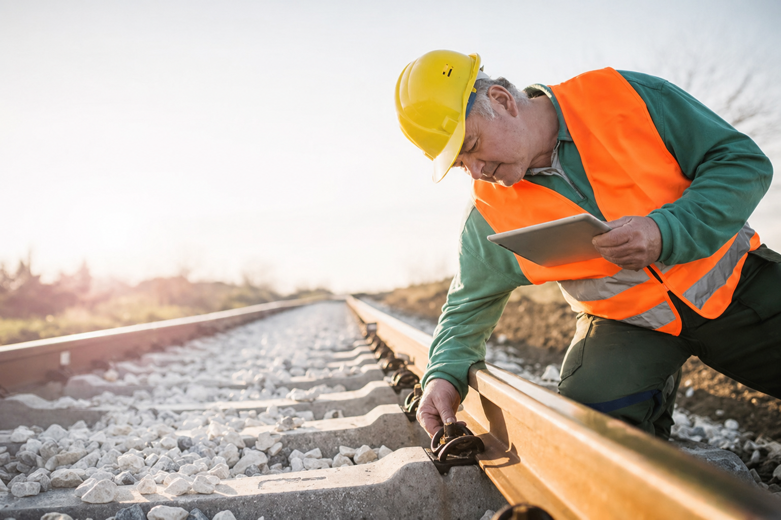 A man inspects a track in a hi vis jacket with a tablet in hand