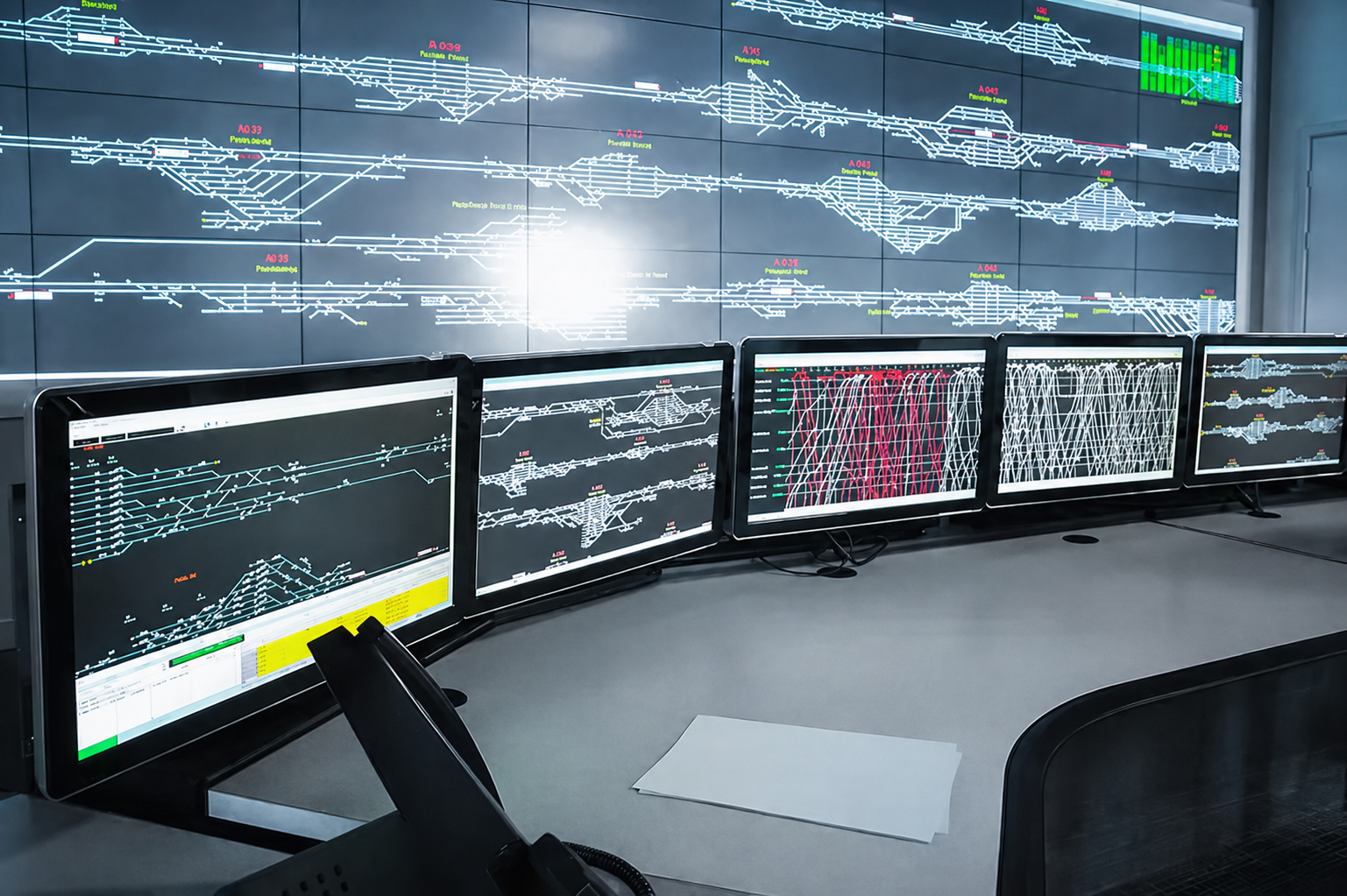 a control room with screens showing track control