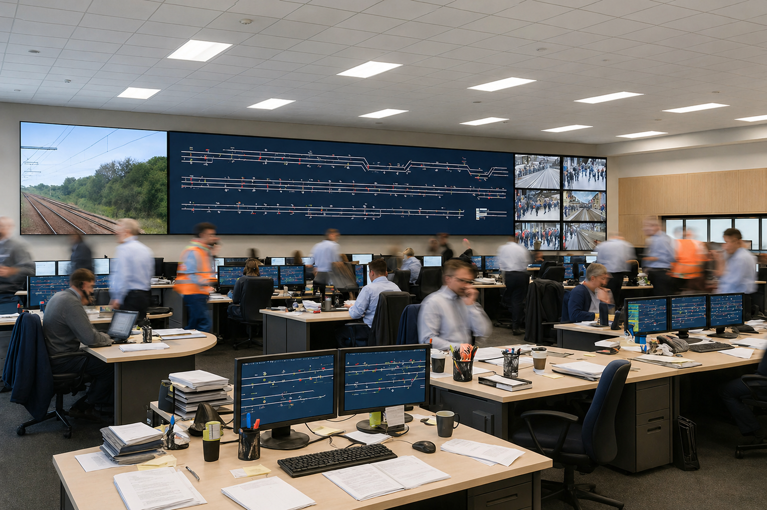 People in a control room managing the railway