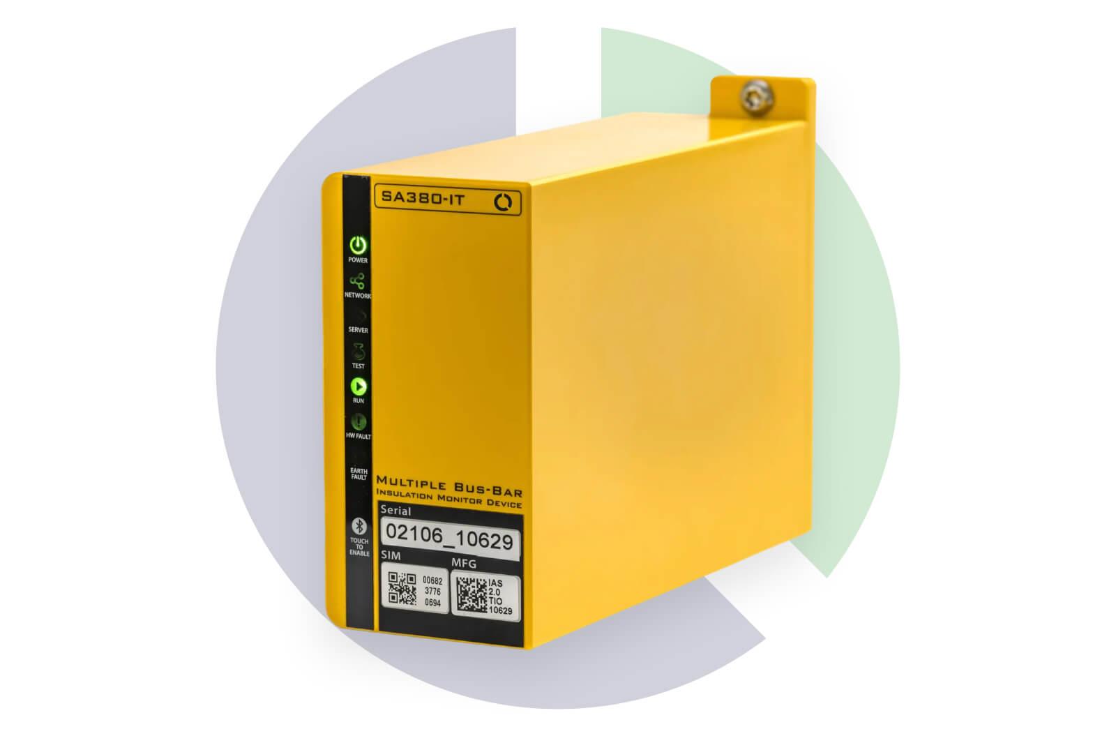 Yellow SA380-IT monitoring device with LED indicators, set against a green and blue logo background.