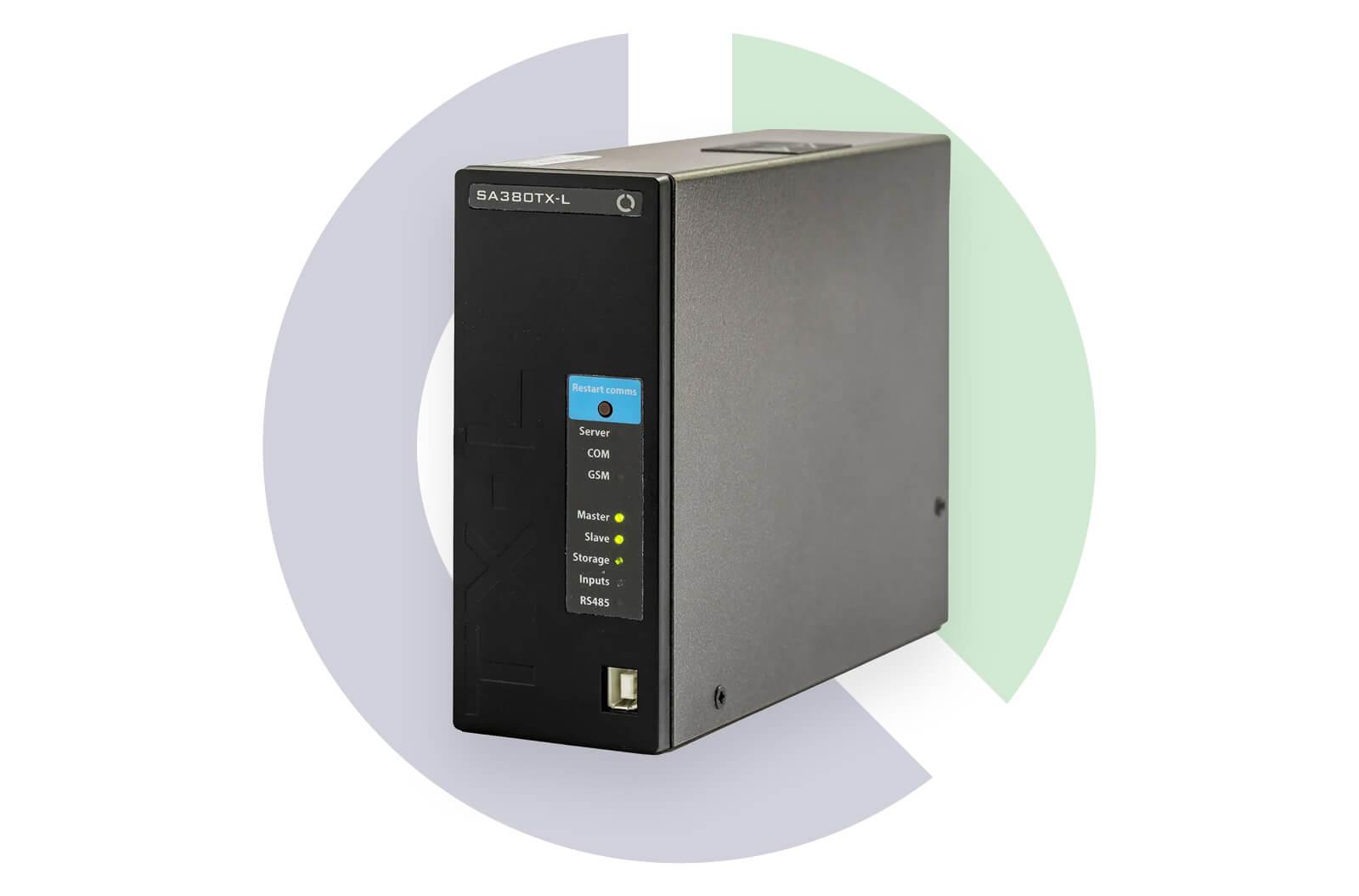 Black SA3BOTX-L monitoring device with LED indicators and input ports, set against a green and blue logo background.