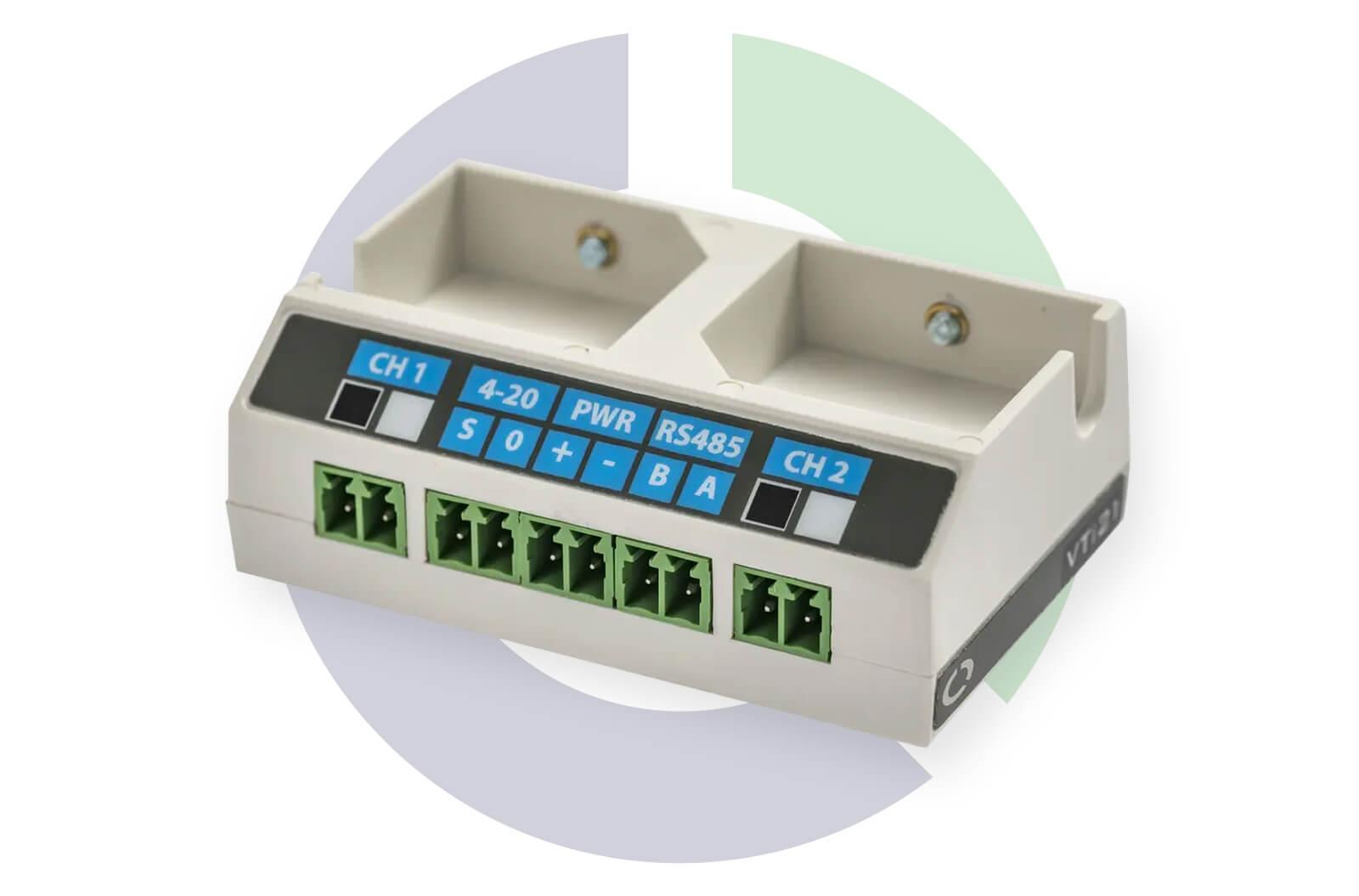 Grey monitoring device with ports, set against a green and blue logo background.