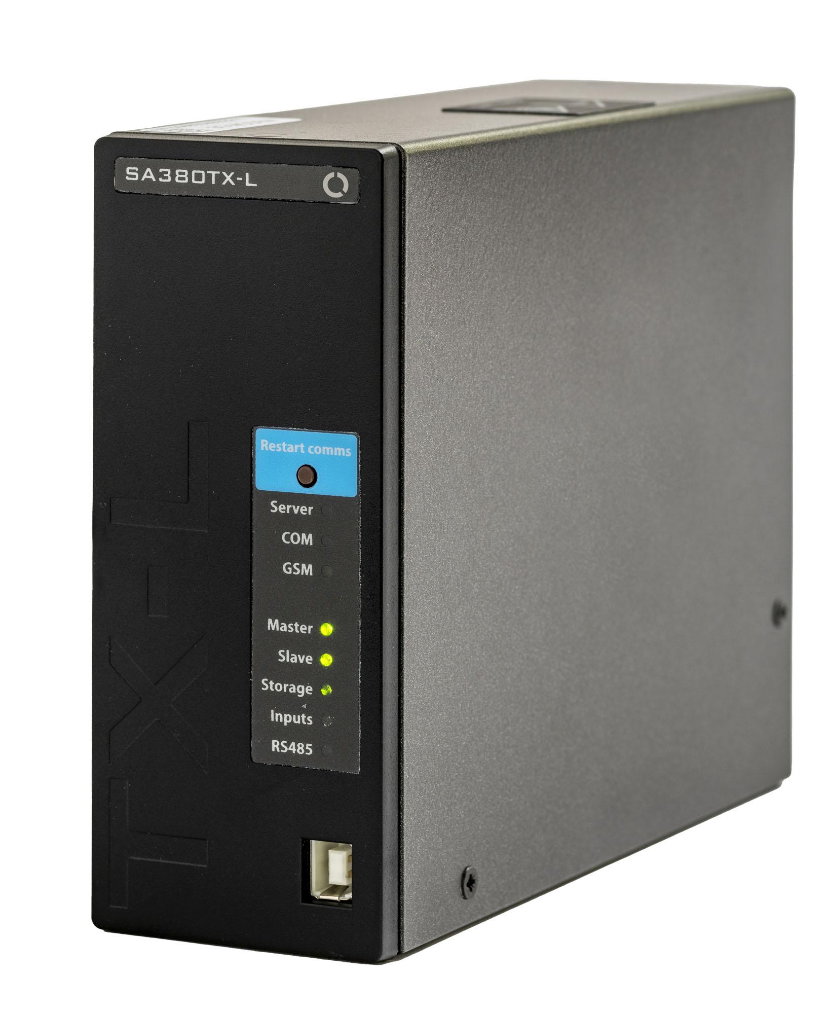 A black electronic device with labeled indicator lights for server, COM, GSM, master, slave, storage, inputs, and RS485.
