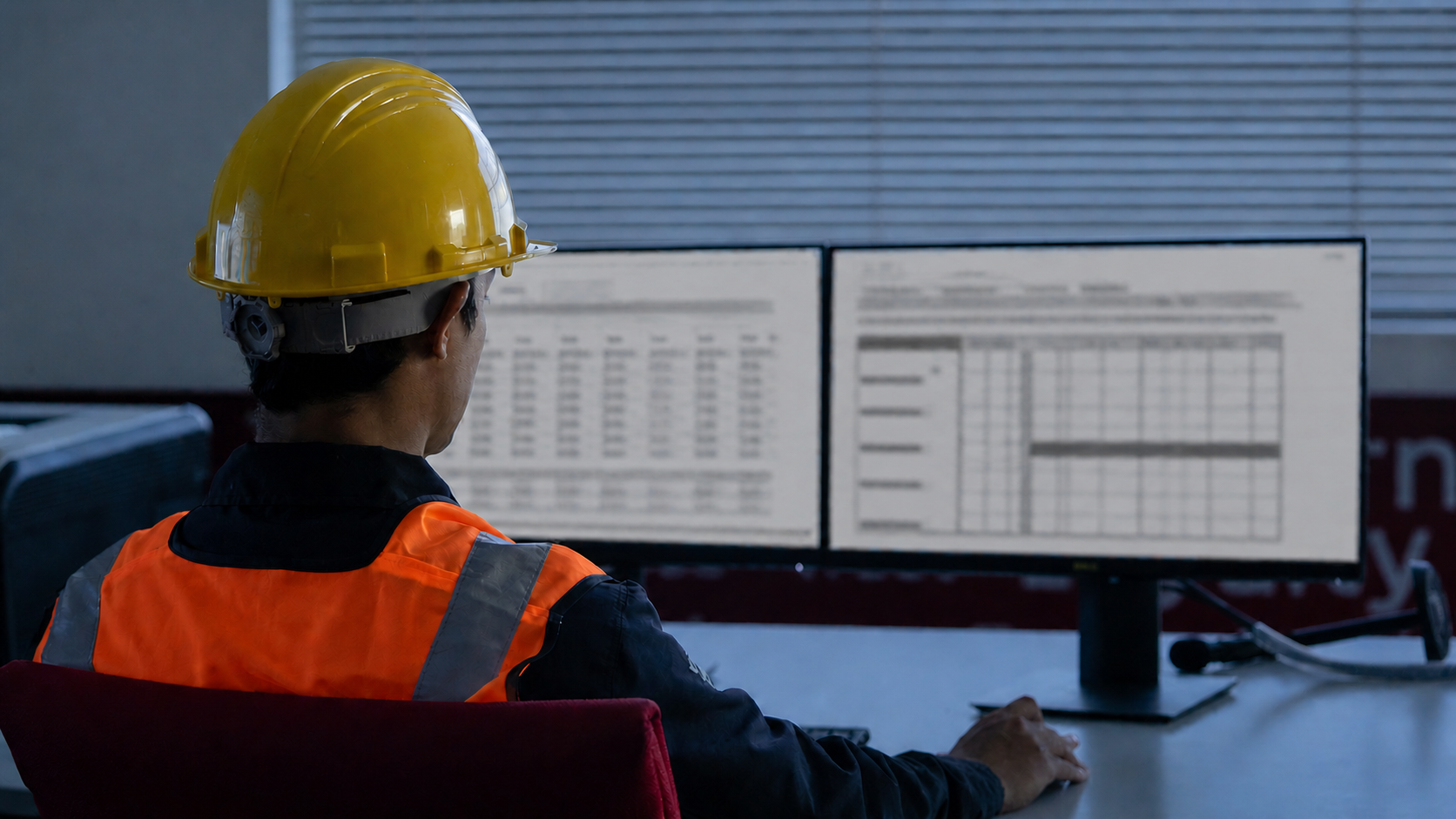 Worker in a yellow hard hat and orange vest sits at a desk, analysing reports on dual computer screens.