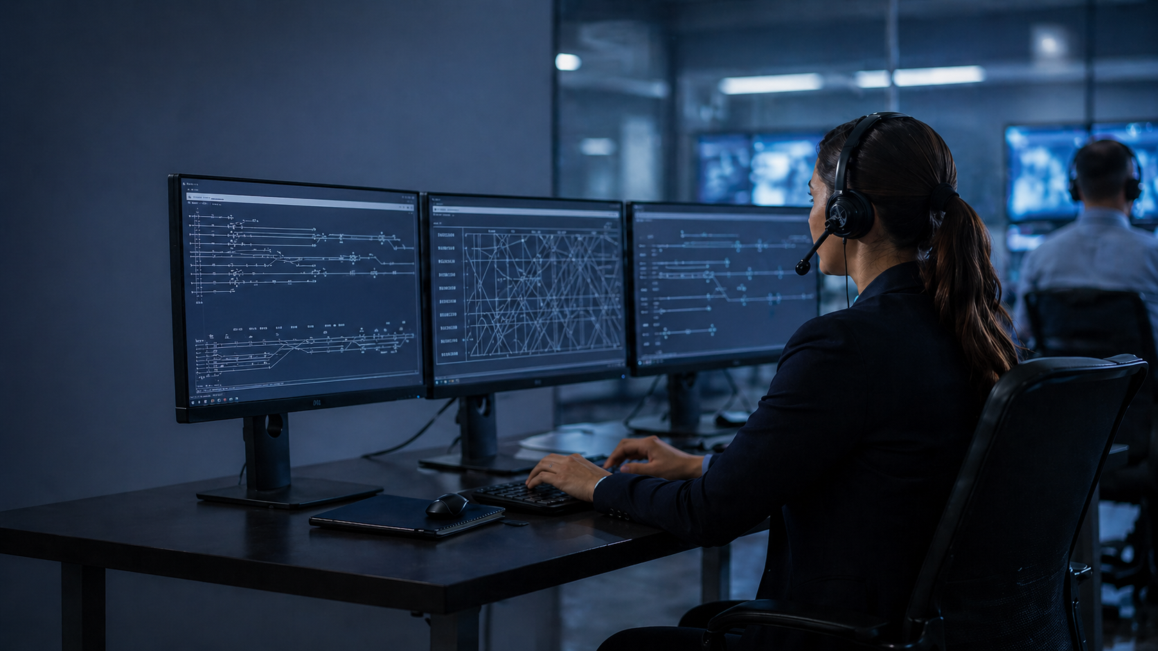 Woman sat at computer looking at Computer Aided Dispatch screens