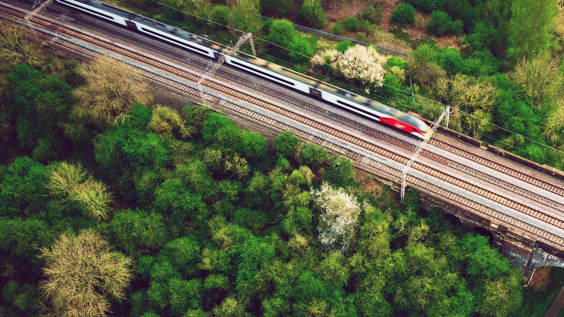 Aerial view of a red and white train traveling on tracks through lush green forest, with blooming trees visible.