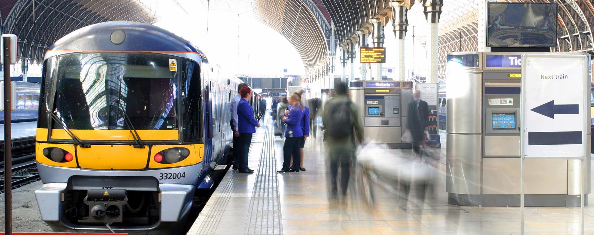 A train at a station.