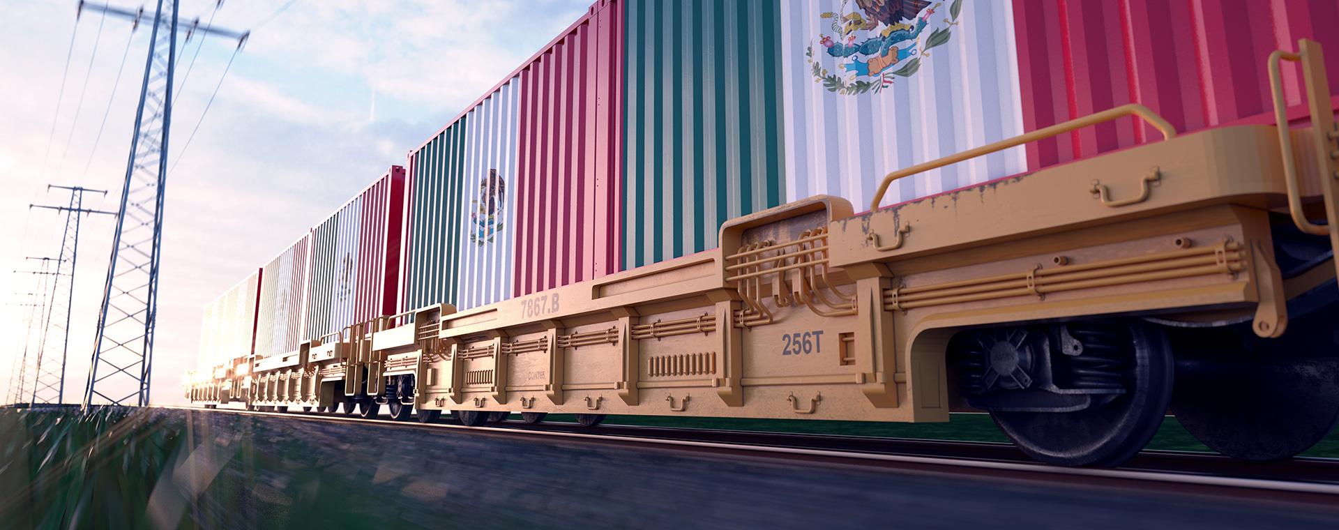 Train holding container cargo, with the Mexico national flag painted on.